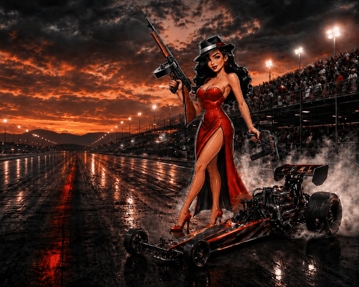 Stylized RC drag scene at the track: driver and car on the strip at sunset